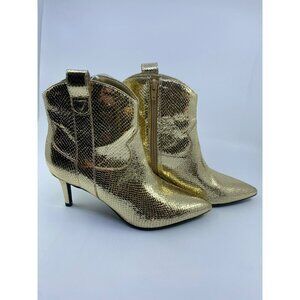 Guess Womens Gold Snake Print Ankle Boots With Pointed Toe & Stiletto Heel Size